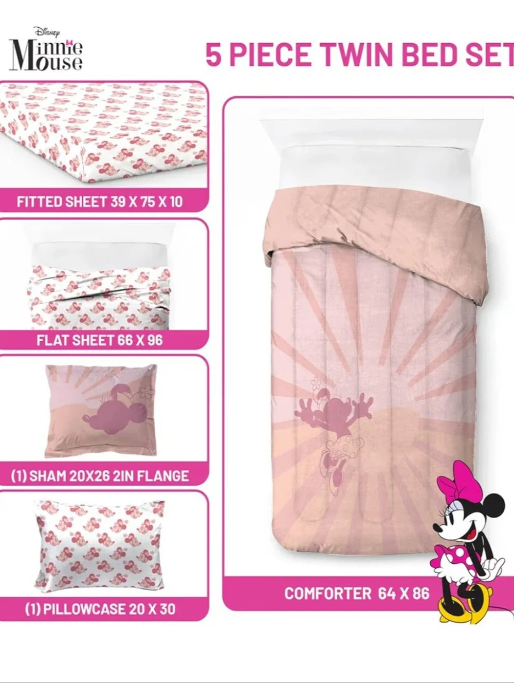 Disney Minnie Mouse Twin Size Comforter Set - 5 Piece Bedding